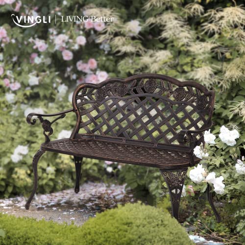 VINGLI 42.5" Outdoor Bench, Antique Cast Aluminum Front Porch Bench Metal Garden Benches Cast Iron Benches 2-3 People Seating (Black)