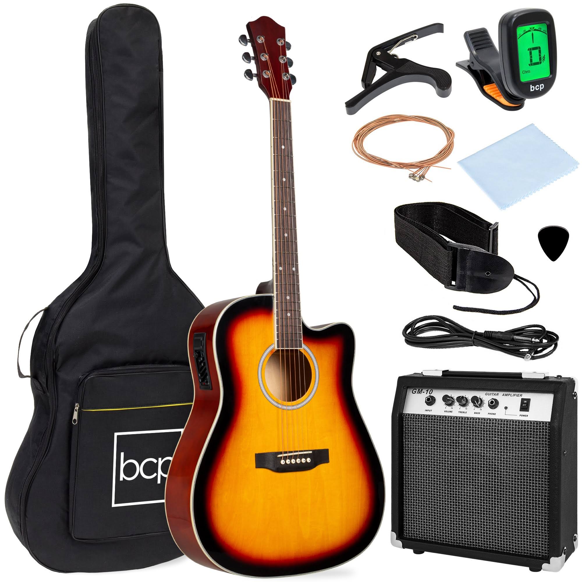 Best Choice Products 41in Full Size Acoustic Electric Cutaway Guitar Set with 10-Watt Amp, Capo, E-Tuner, Case - Sunburst