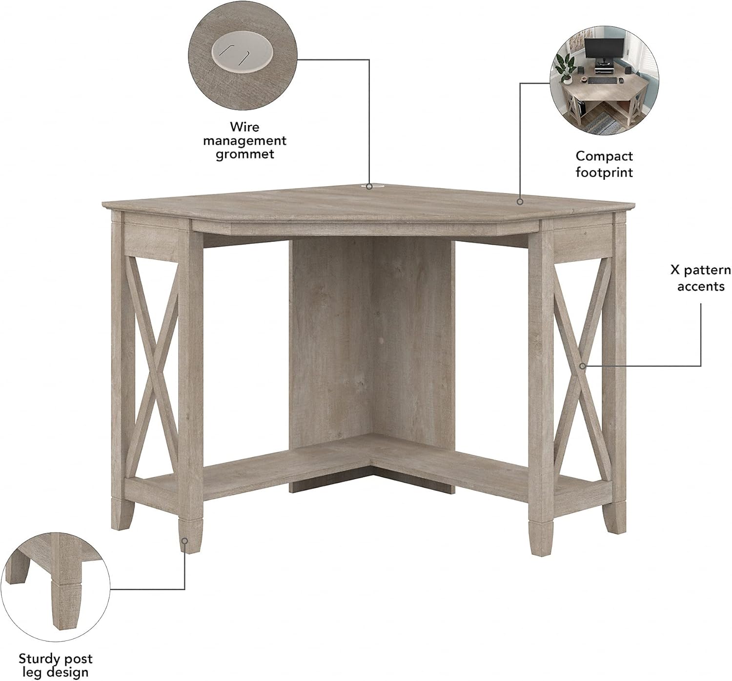 Bush Furniture Key West Small Corner Desk with Storage Cabinet, Washed Gray
