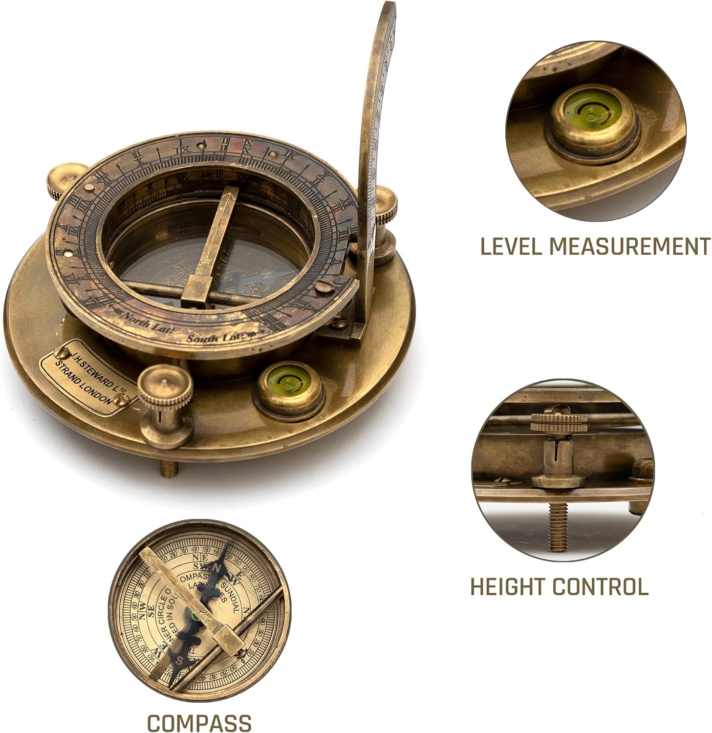 Antique Look Maritime Ship Navigation Brass Sailor Sundial Compass with Wooden Box Vintage Gift Item J.H.Steward Ltd. Strand London Functional