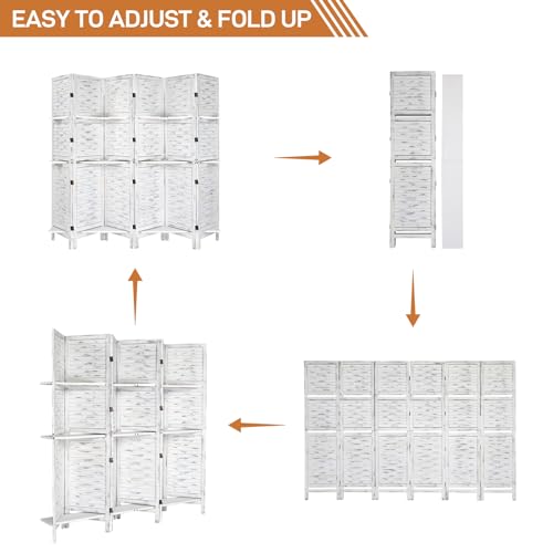 Bonnlo 6 Panels Wood Room Divider with Shelves, 6 FT Height Folding Privacy Screens, Indoor Freestanding Room Partition Wall Divider