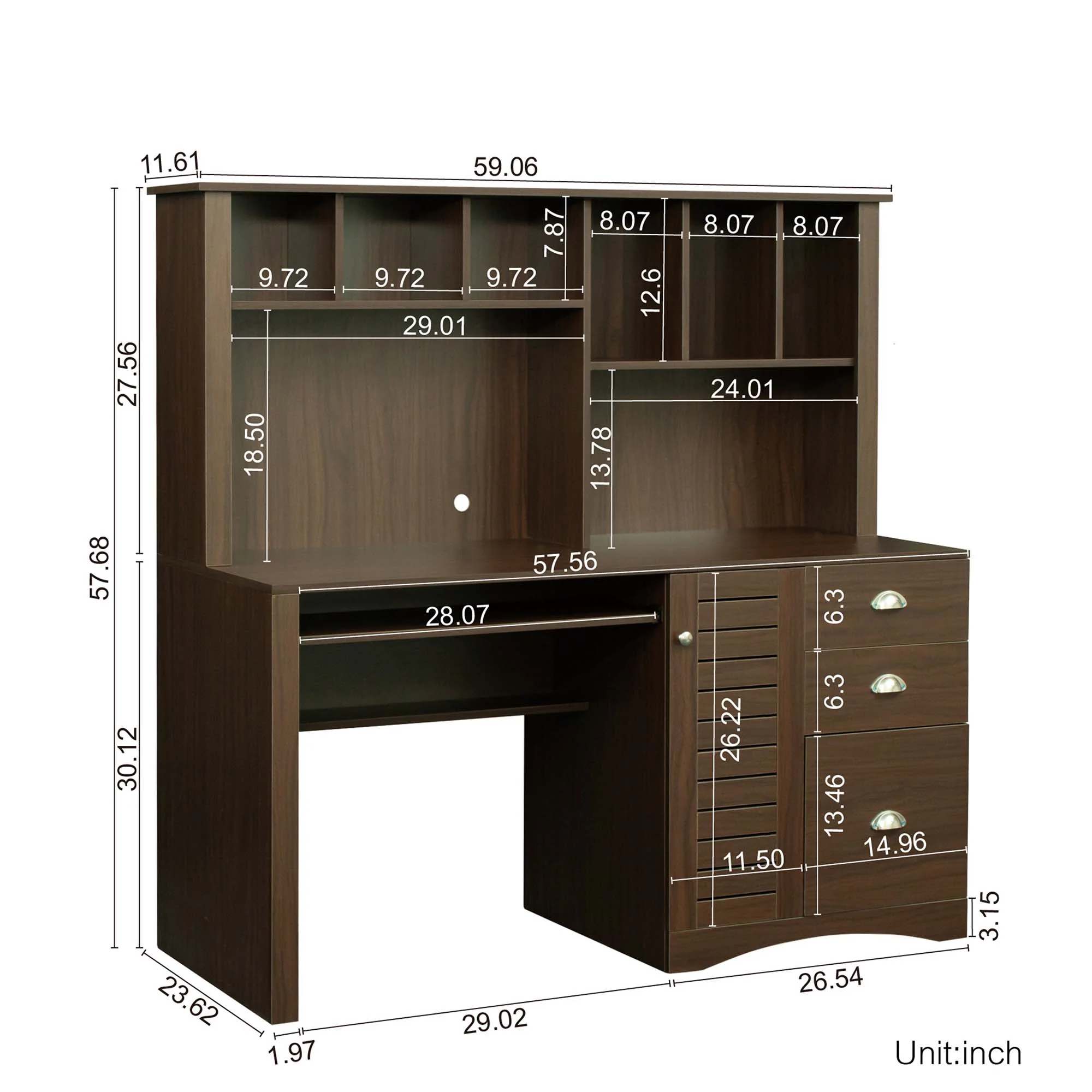 Momspeace Home Office Computer Desk with Hutch, 3 Drawers, Study Table, Keyboard Tray, Walnut