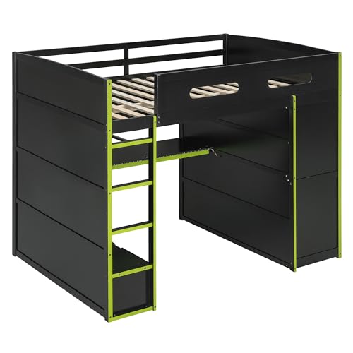 Modern Full Size Gaming Loft Bed with Built-in Desk and Storage Wardrobe, Wood Loft Bed Frame with Light Strip and 2 Drawers