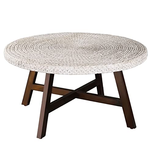 RANDEFURN Coffee Table Round, Seagrass Coffee Tables,Pine Wood X Base Frame Cocktail Table, Easy Assembled, Multiple Sizes for Living Room