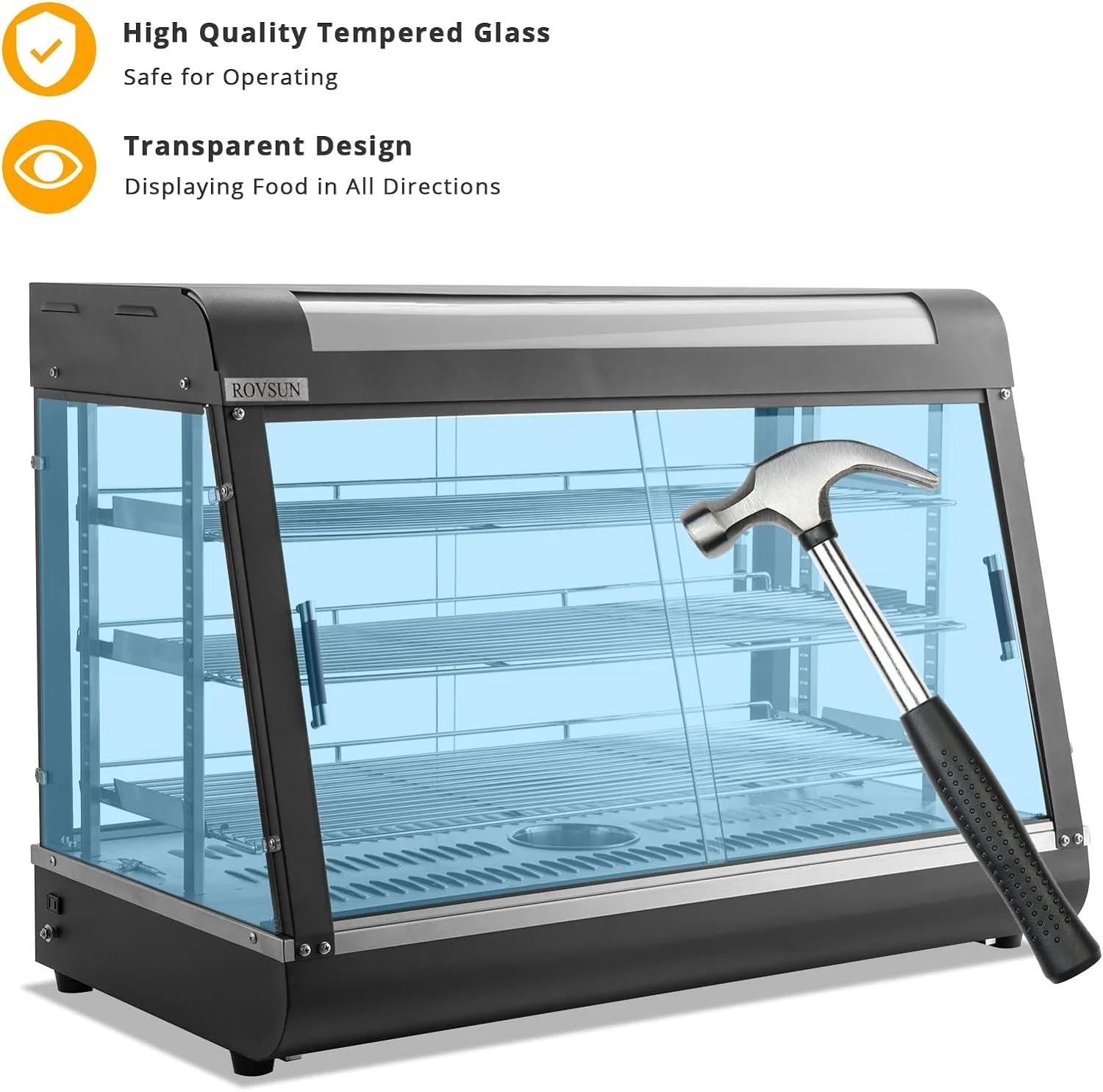 ROVSUN 35" Pizza Warmer Food Warmer Display, 3-Tier Electric Food Warmer Commercial Countertop w/LED Lighting Adjustable Removable Shelves Glass Door