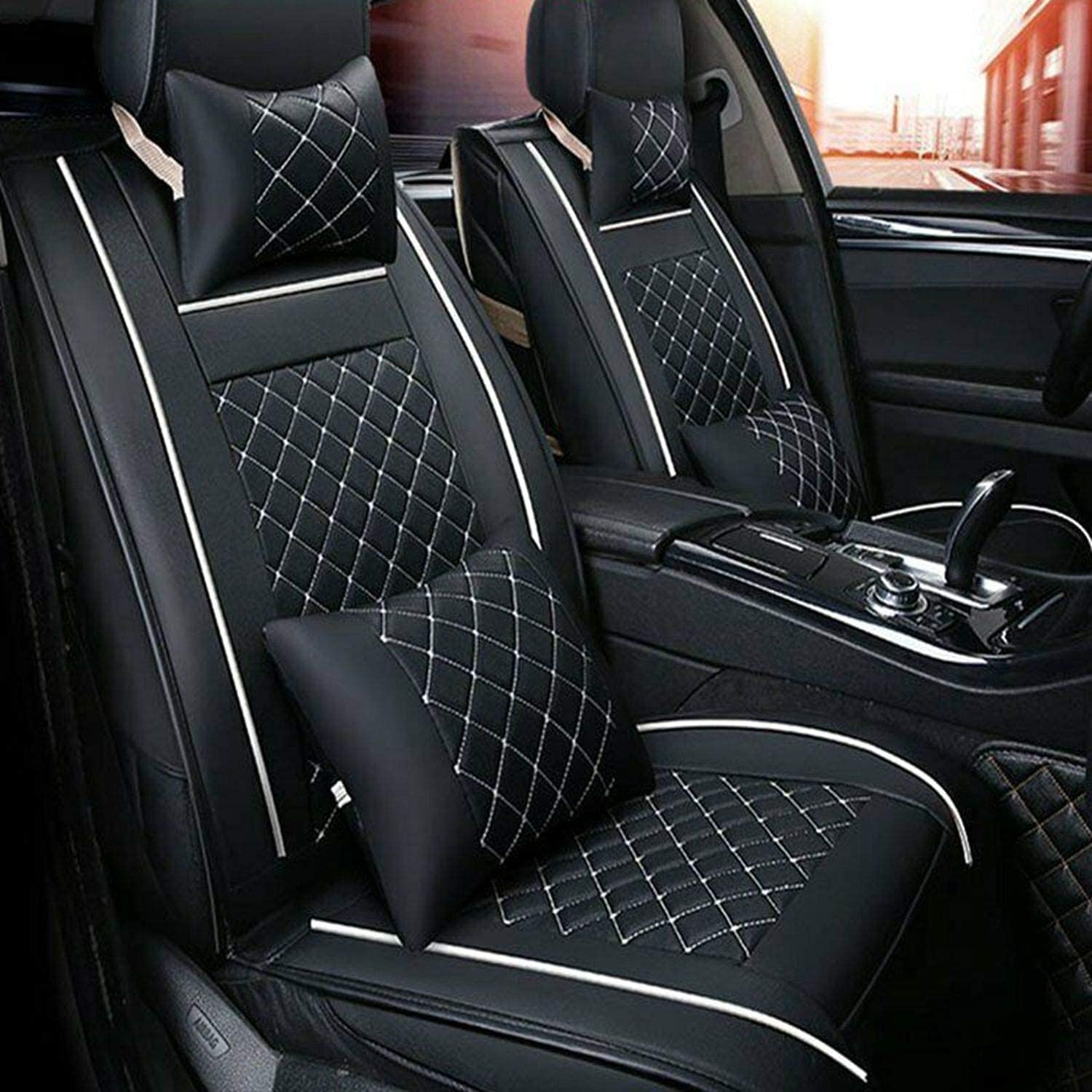 TYFYB Universal 5 Seats Wearproof PU Leather Car Seat Cover Full Set Seat Pad Protector Set Front + Rear Cushions w/Pillows Black/Beige