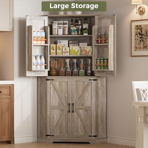 IRONCK Corner Cabinet, 72" Kitchen Pantry Cabinet, 6-Tier Farmhouse Pantry with 4 Adjustable Shelves, 240° Swivel Doors, 2 Doors Storage