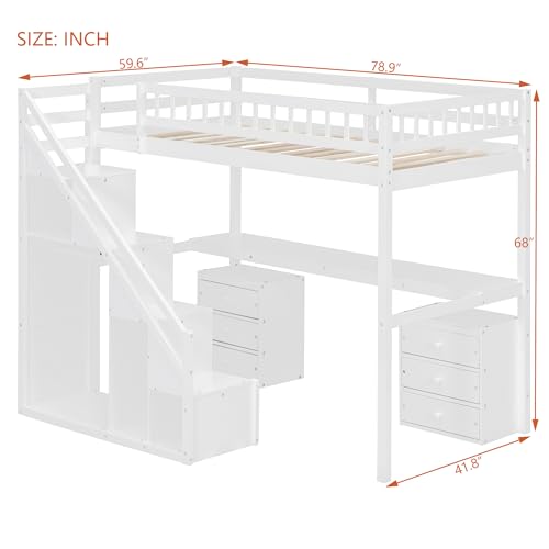 Modern Full Size Gaming Loft Bed with Built-in Desk and Storage Wardrobe, Wood Loft Bed Frame with Light Strip and 2 Drawers
