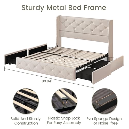 King Size Bed Frame with 4 Storage Drawers and Tufted Headboard Linen Upholstered Platform Bed Frame Wingback Beds with Wooden Slats Support