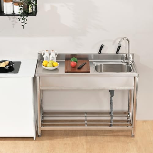 Stainless Steel Utility Sink Freestanding Kitchen Sink with Faucet Single Bowl 16 Gauge Outdoor Workbench with Knife Hole for Restaurant or Laundry
