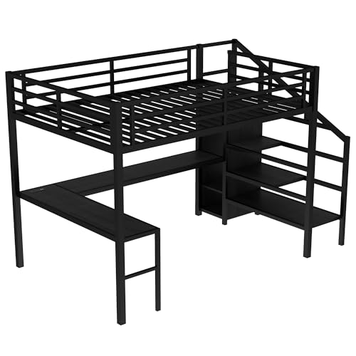 Bellemave Full Size Metal Loft Bed with L Shaped Desk and Wardrobe, Heavy Duty Loft Bed Frame with Storage Stairs