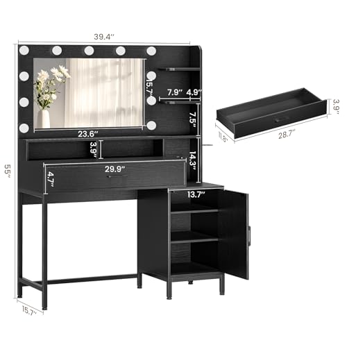 Vanity Desk with Mirror and Lights, Makeup Vanity with Storage Drawer, Power Outlet and Large Cabinet for Bedroom - White