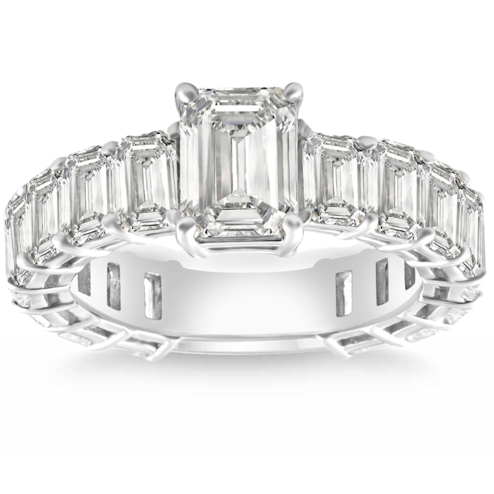 Pompeii3 VS 7 1/2Ct Emerald Cut Diamond Engagement Ring 3/4 Eternity 14k Gold Lab Grown