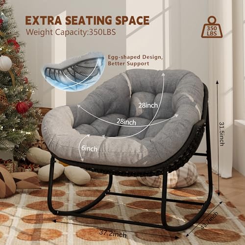 Outdoor Indoor Rocking Chair, Patio Wicker Egg Chair, Indoor & Outdoor Comfy Oversized Papasan Chair with Padded Cushion