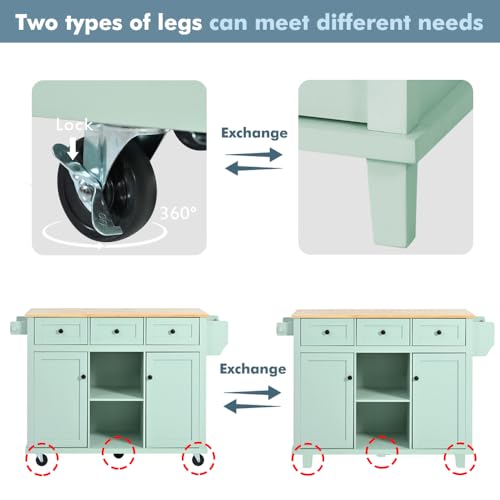 Rolling Kitchen Island on Wheels with Storage Cabinet and Drawers, Island Table for Kitchen with Towel and Spice Rack