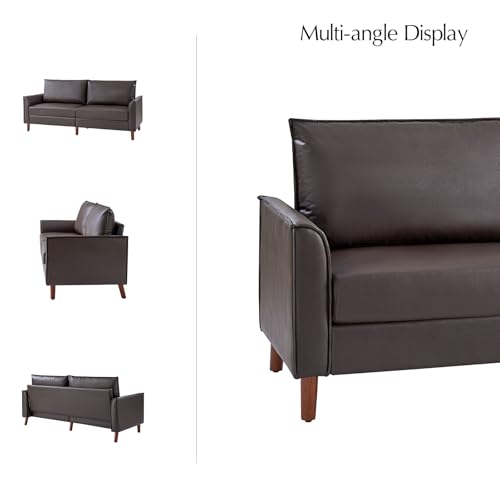 HULALA HOME 78" Faux Leather Sofa with Solid Wood Legs, Mid-Century Modern PVC Leather Couch, Comfy Upholstered 3-Seater Sofa for Living Room Bedroom