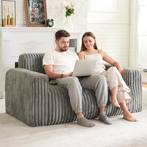 Bean Bag Chairs for Adults Large Fluffy Bean Bag Sofa Two-seat BeanBag Chair with Armrest Plush Comfy Chair with Handle Foam Loveseat for Living Room