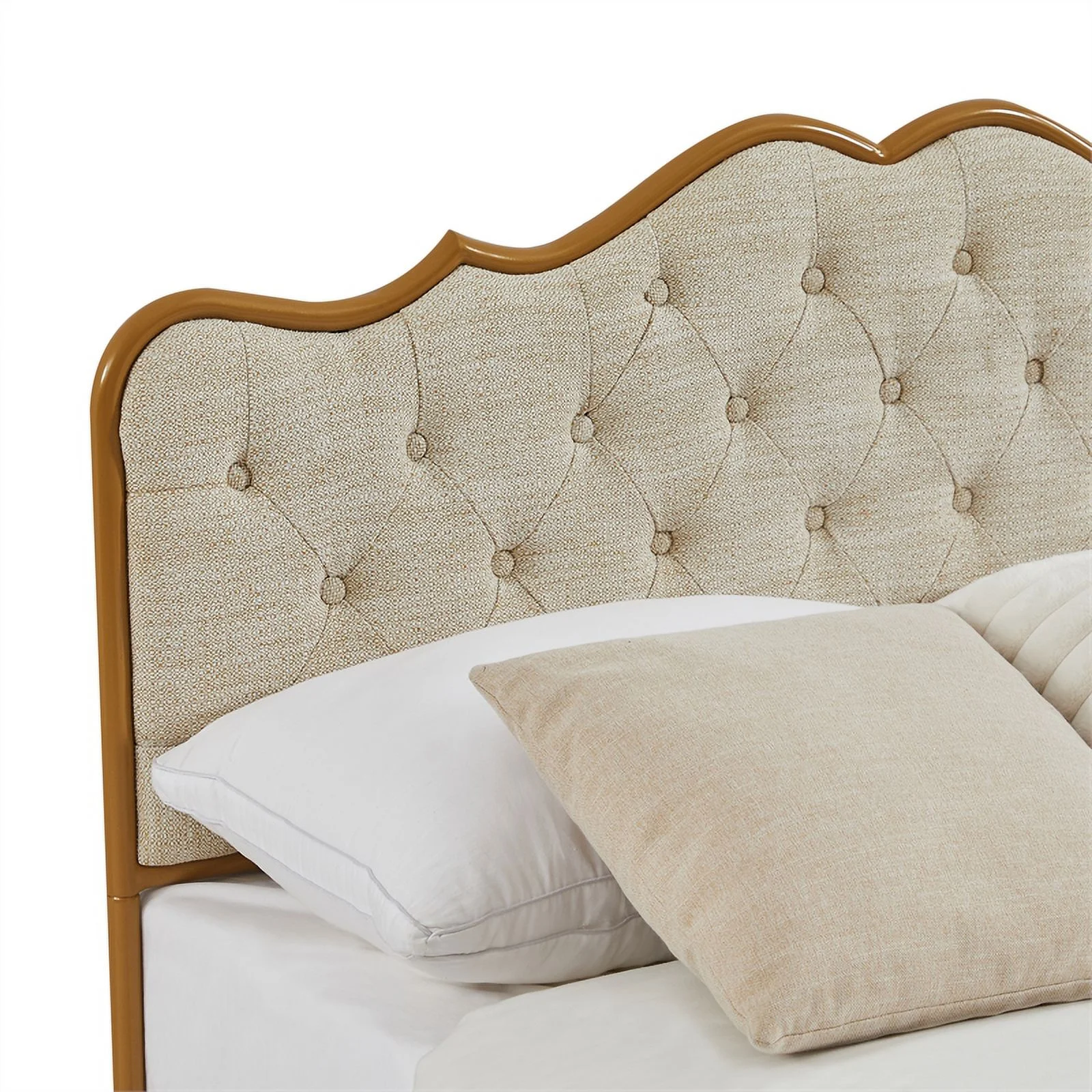 light Camel queen size bed with metal frame solid wood ribs and foam upholstery