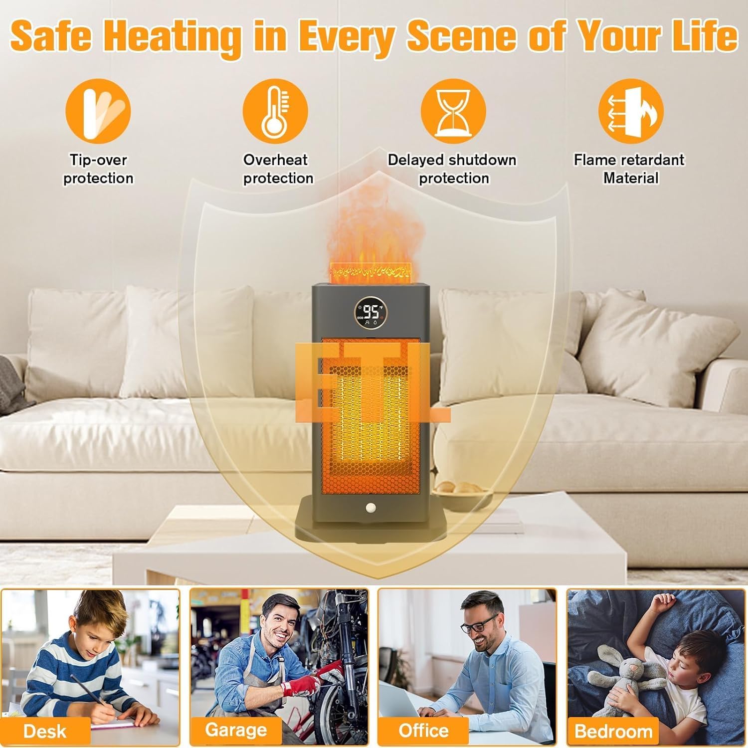 Space Heater,2023 Newest Upgraded Small Heaters for Indoor Use,PTC Portable Space Heater Office with Sensor,Humidifier,3D Flame Effect