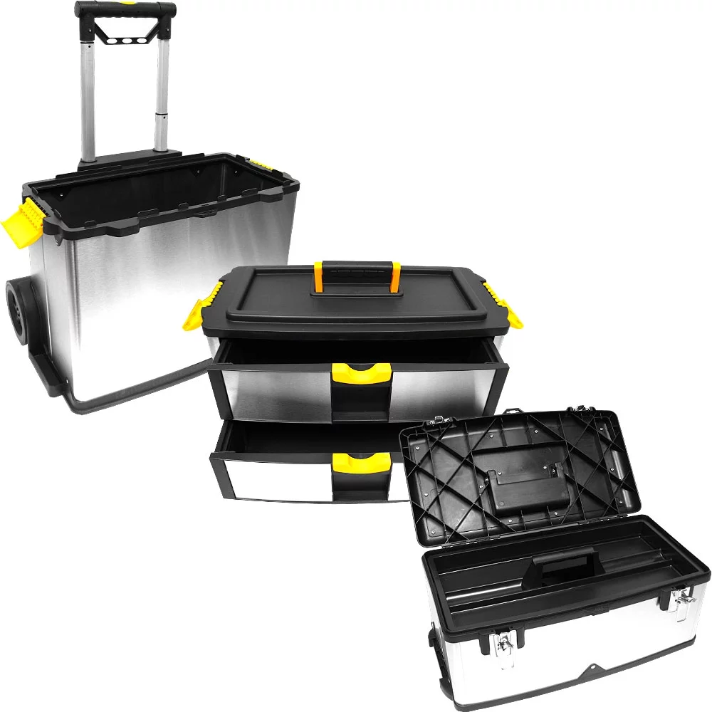 Portable Tool Box with Wheels ? Stainless-Steel Stackable 3-Part Tool Chest ? Extendable Handle and Tough Latches on the Mobile Tool Box by Stalwart