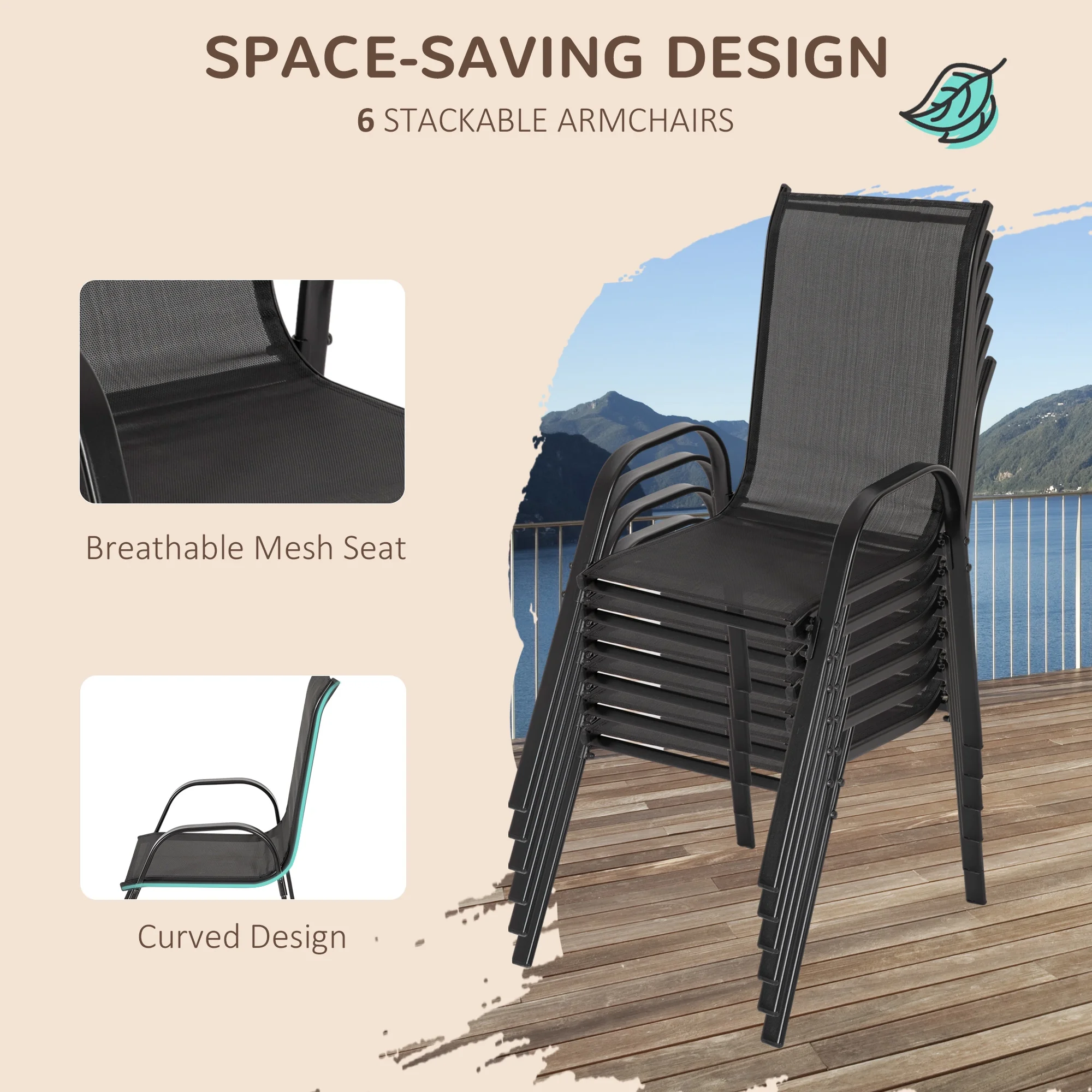 Outsunny Patio Dining Set for Six, Table & Chairs w/ Umbrella, Black