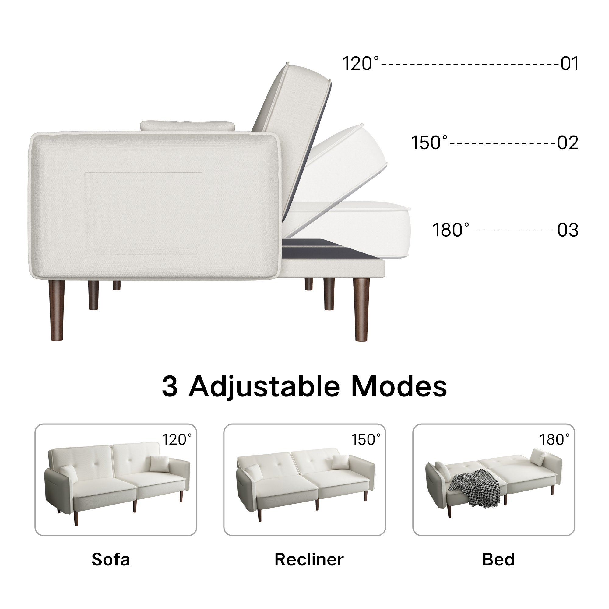 Modern 3 Seater Convertible Sofa Bed, Upholstered Folding Couch Recliner with Pillows Solid Wood Legs for Living Room Bedroom Office