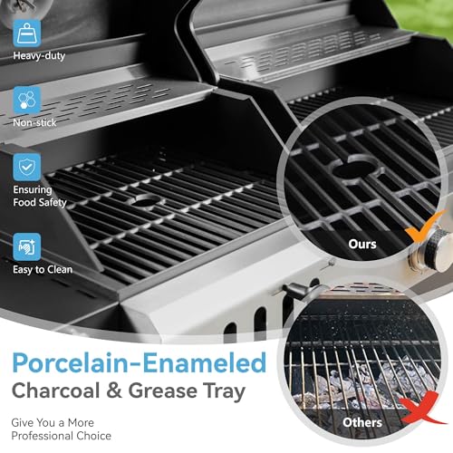3 Burner Propane Gas and Charcoal Grill Combo with Side Burner & Porcelain-Enameled Cast Iron Grates, 37