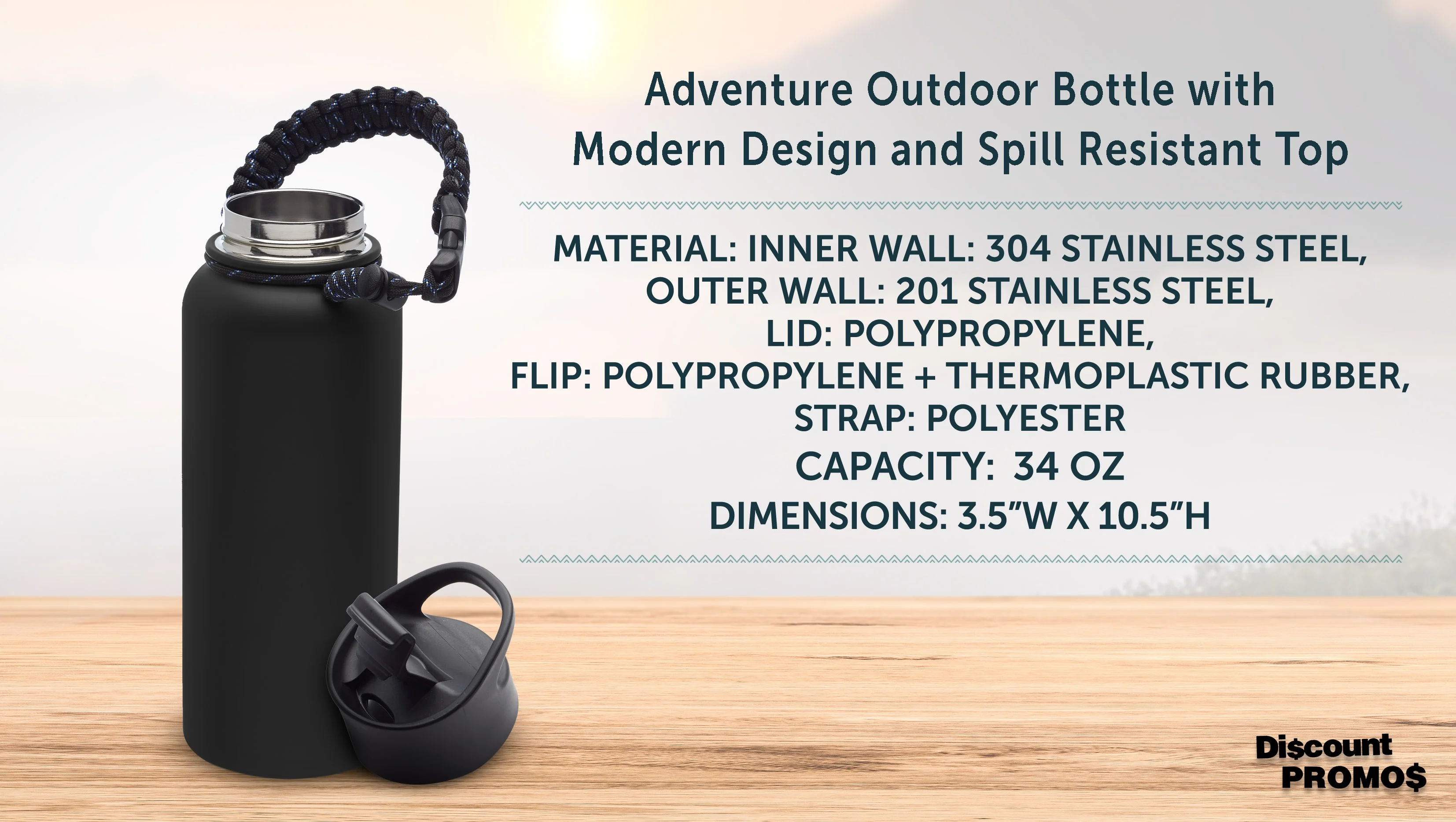6 Vulcan Stainless Steel Water Bottles with Strap Set, 34 oz. - Double Wall, Vacuum Insulated - Black