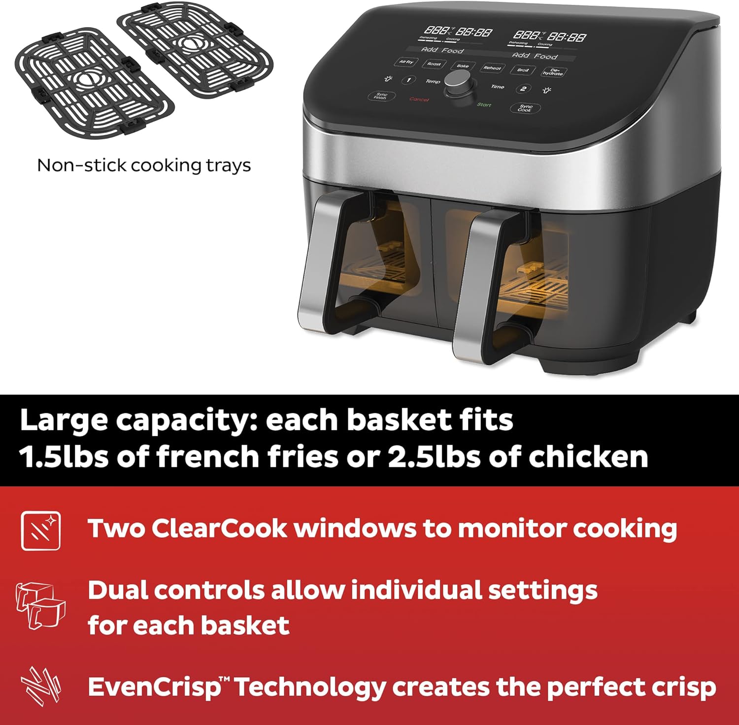 Instant Vortex Plus XL 8 Quart 8-in 1 Dual Basket Double Air Fryer with ClearCook™ Easy View Windows and SyncCook™ Technology, Air Fry, Roast, Broil