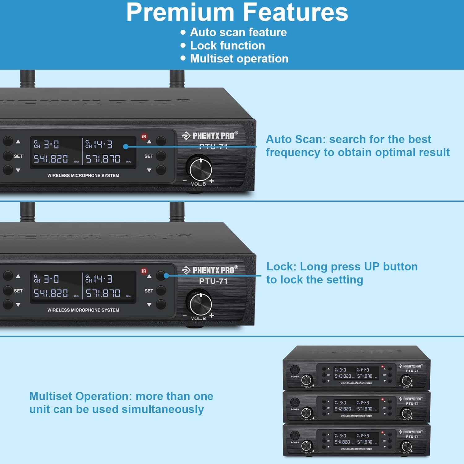 Wireless Microphone System, Phenyx Pro Dual Handheld Cordless Mic Set, 2x100 Channels, Auto Scan, Lock Function, Mute Function, 290-328ft Coverage