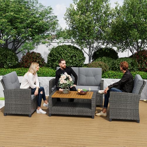 Wisteria Lane 4 Piece Outdoor Patio Furniture Sets, Wicker Conversation Set for Porch Deck, Gray Rattan Sofa Chair with Cushion