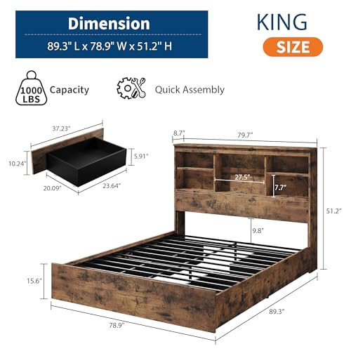 GarveeHome Full Size Bed Frame with High Storage Bookcase Headboard, Wood Bed Frame with 4 Storage Drawers, Built in Charging Station
