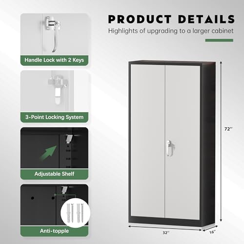 Greenvelly Steel SnapIt Storage Cabinet 72" Locking Metal Garage Storage Cabinet with 4 Adjustable Shelves, 2 Doors and Lock for File, Office, Garage