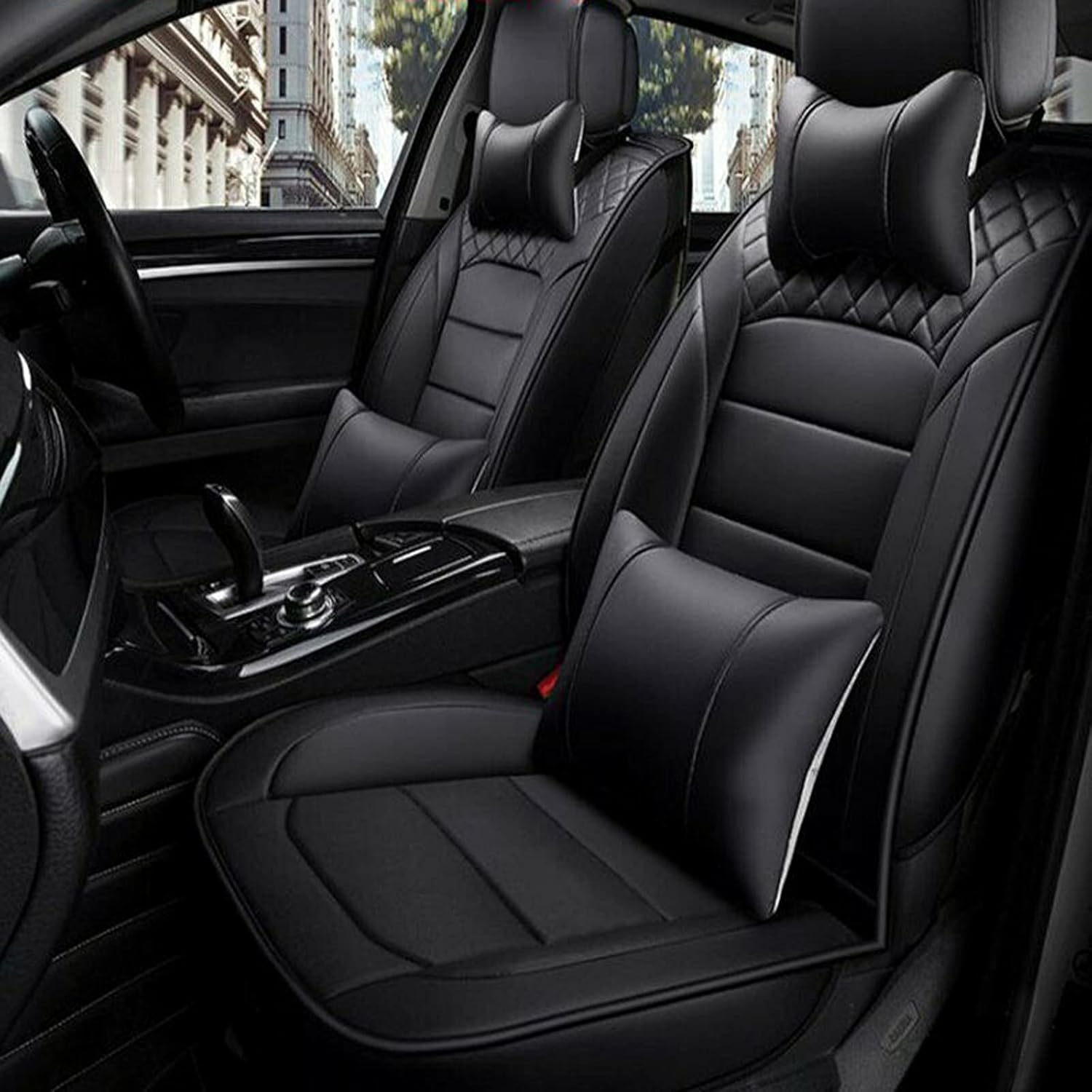 TYFYB Universal 5 Seats Wearproof PU Leather Car Seat Cover Full Set Seat Pad Protector Set Front + Rear Cushions w/Pillows Black/Beige