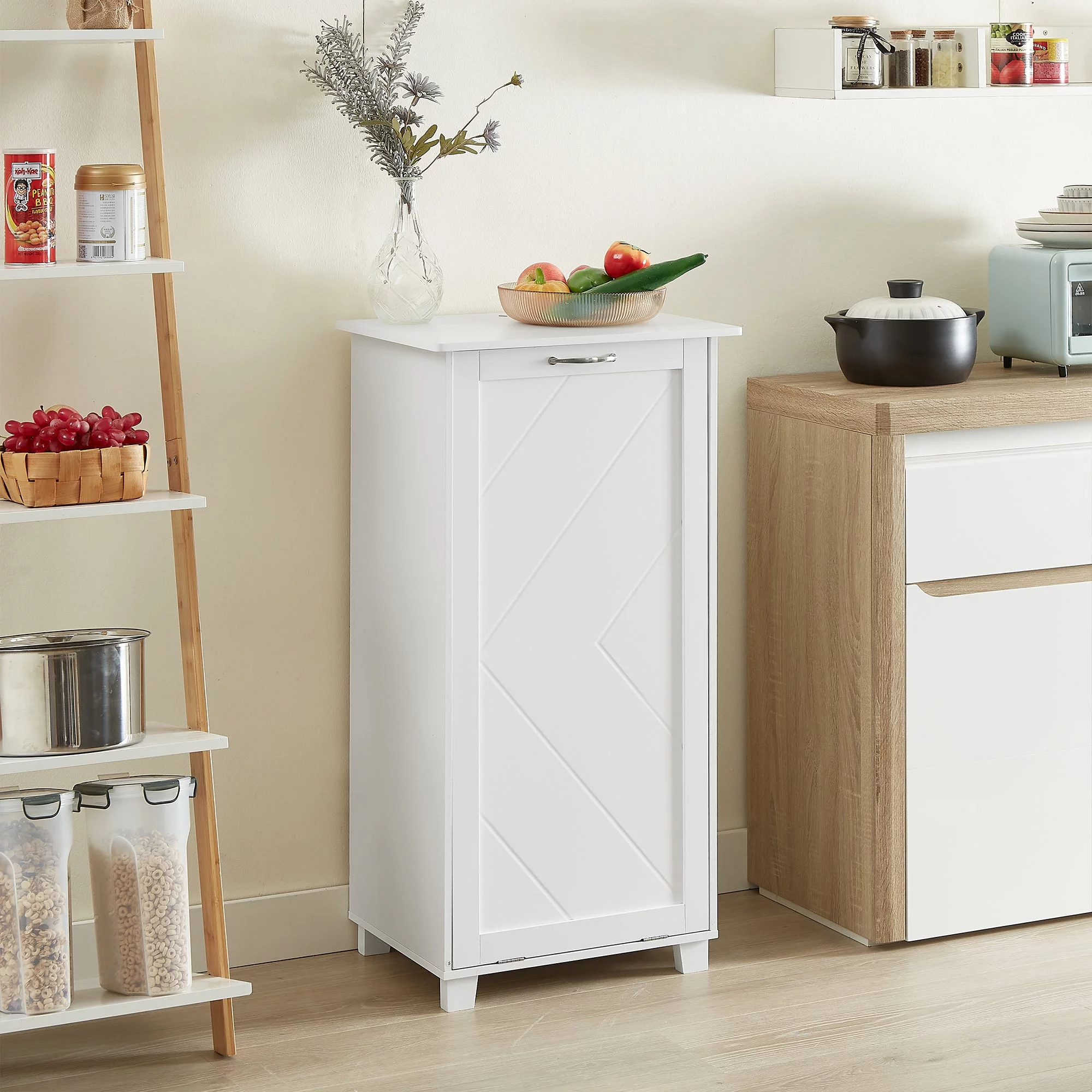 VECELO Kitchen Trash Can Cabinet, Tilt Out Single Door Wooden Recycling Garbage Hamper Cabinet Pet Proof, Freestanding Laundry Sorter Cabinet, White