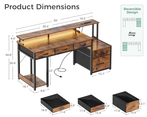 AODK 55 Inch Computer Desk with 3 Drawers and File Cabinet for Storage, Office Desk with Monitor Stand and LED Lights, Home Office Desks, Black