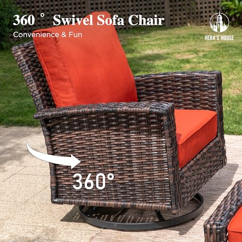 HERA'S HOUSE High Back Patio Furniture Set with Swivel Chairs, Outdoor Wicker Conversation Sets with 5.5" Comfy Cushions, 4 Piece Outside Sofa Sets