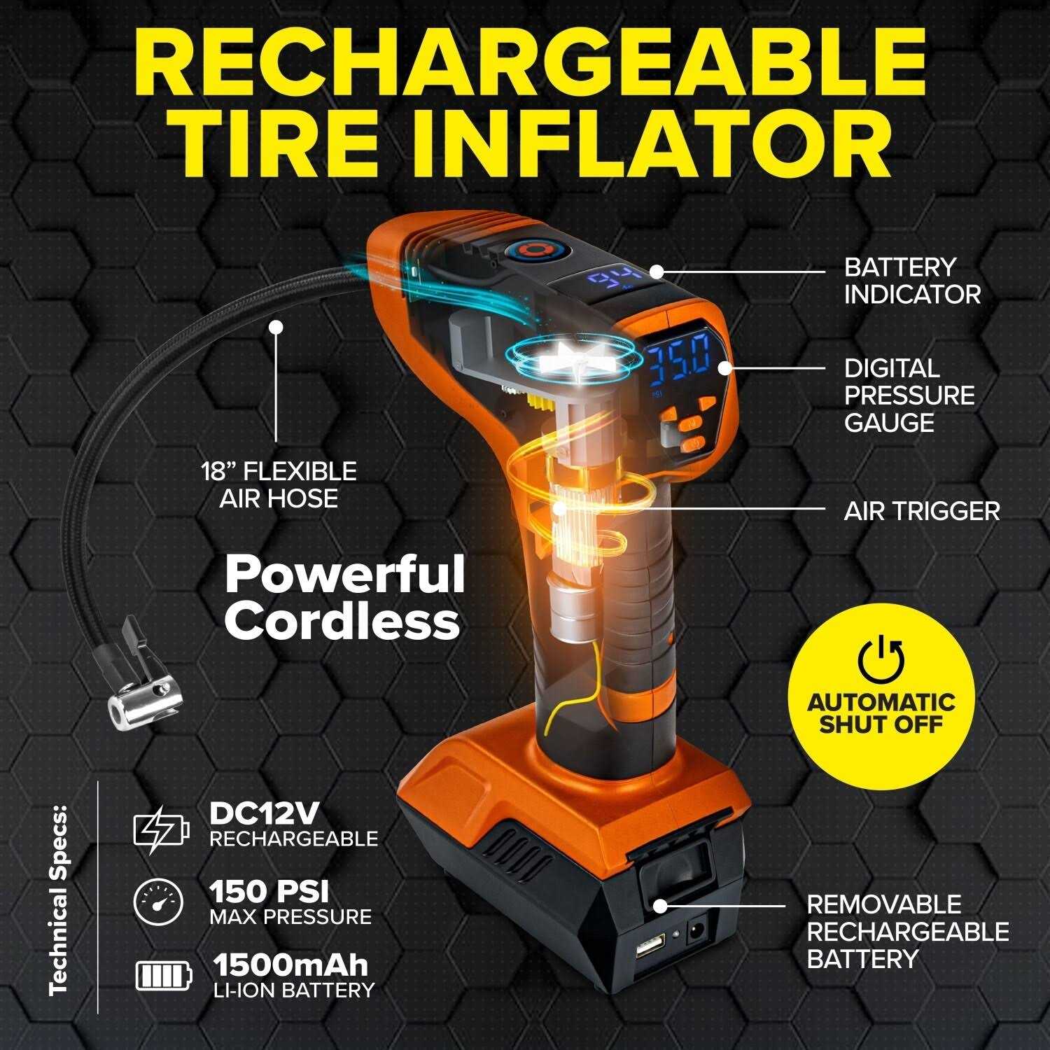 Bullseye Pro 12V 150-PSI Rechargeable Tire Inflator - Sports Supplies Online Store