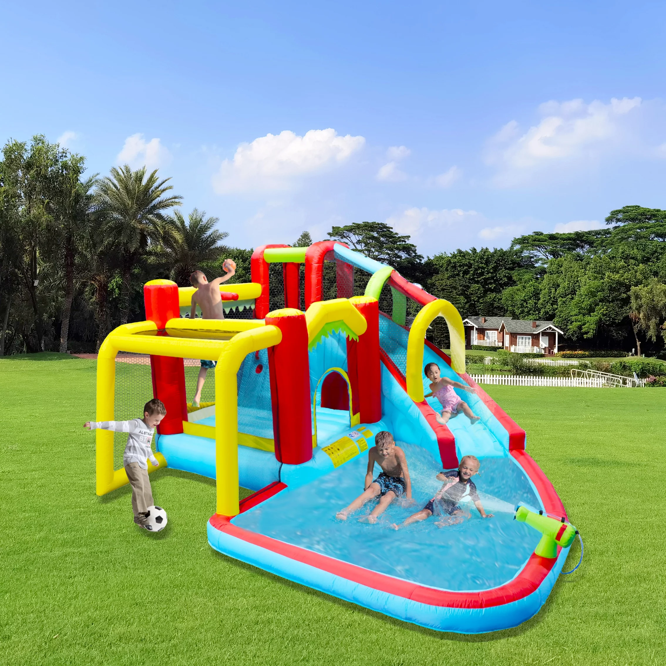BATE 7 in 1 Kids Inflatable Slide Water Park Bouncing House Outdoor Soccer Garden Bouncer with Splash Pool & Climbing Wall & Basketball & Football