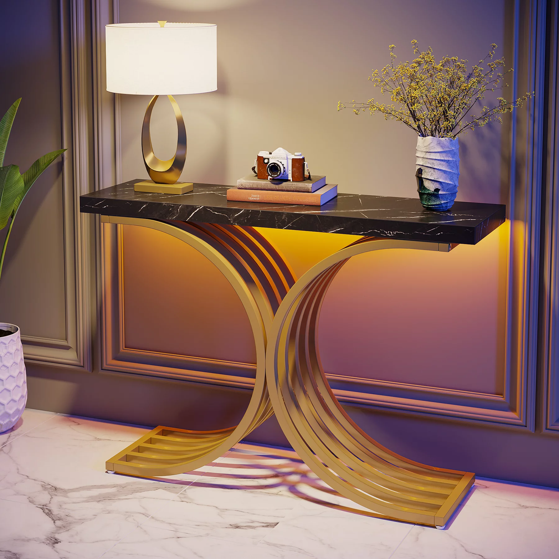 Tribesigns Gold Entryway Console Table with Led Light, Modern Foyer Entry Tables