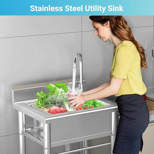26 Inch Utility Sink, 304 Stainless Steel Sink Free Standing Sink with Cold and Hot Water Pull-out Faucet, Heavy Duty Laundry Sinks for Workshop