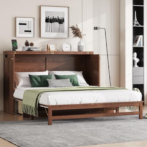 KEIKI Queen Size Cabinet Murphy Bed with Charging Station and Drawer, Multiple Storage Foldable Hideaway Wall Murphy Bed Frame with Solid Slat