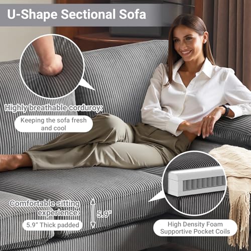 VINGLI 110" Sectional Couches for Living Room,U Shaped Couch with Double Chaise, 4-Seat Sofa Set with Chenille Fabric for Home Furniture,Forest Green