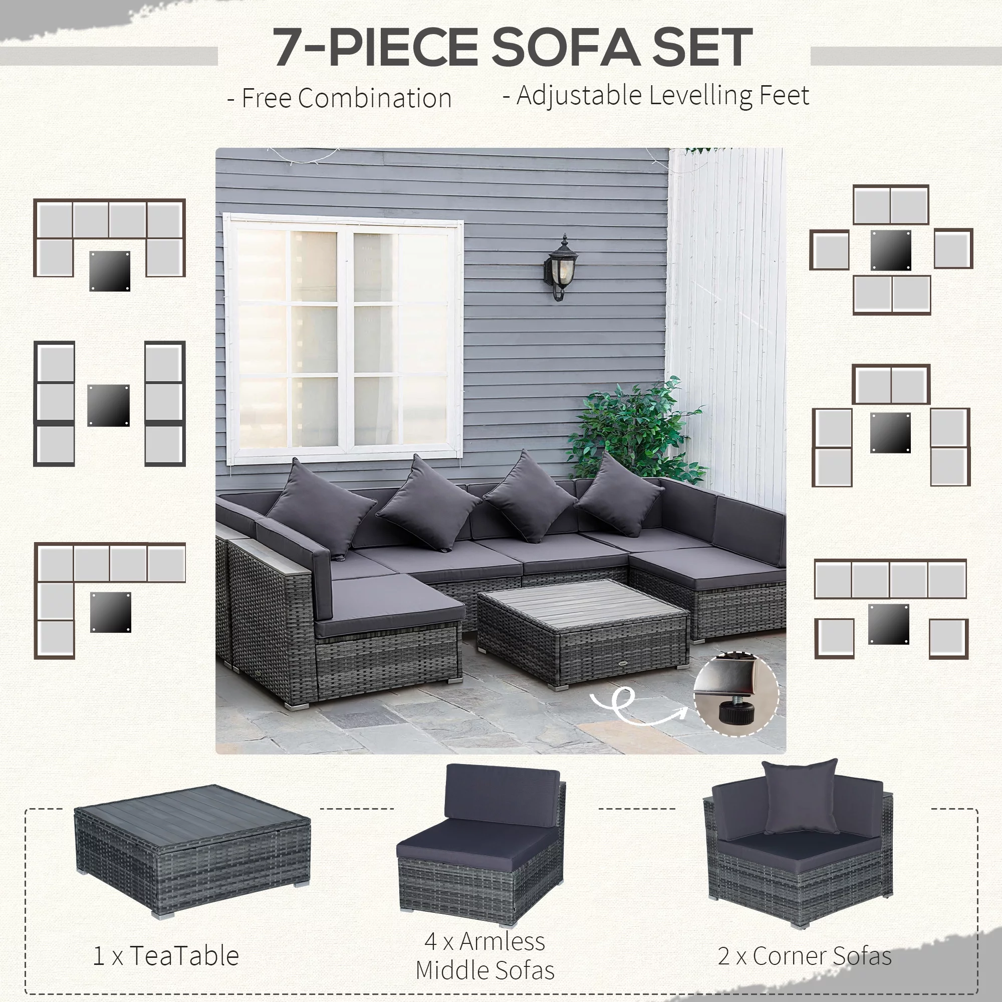Outsunny 7-Piece Patio Furniture Sets PE Rattan Sectional Sofa Set Outdoor Conversation Set w/ Acacia Top Coffee Table & Cushion for Garden, Backyard