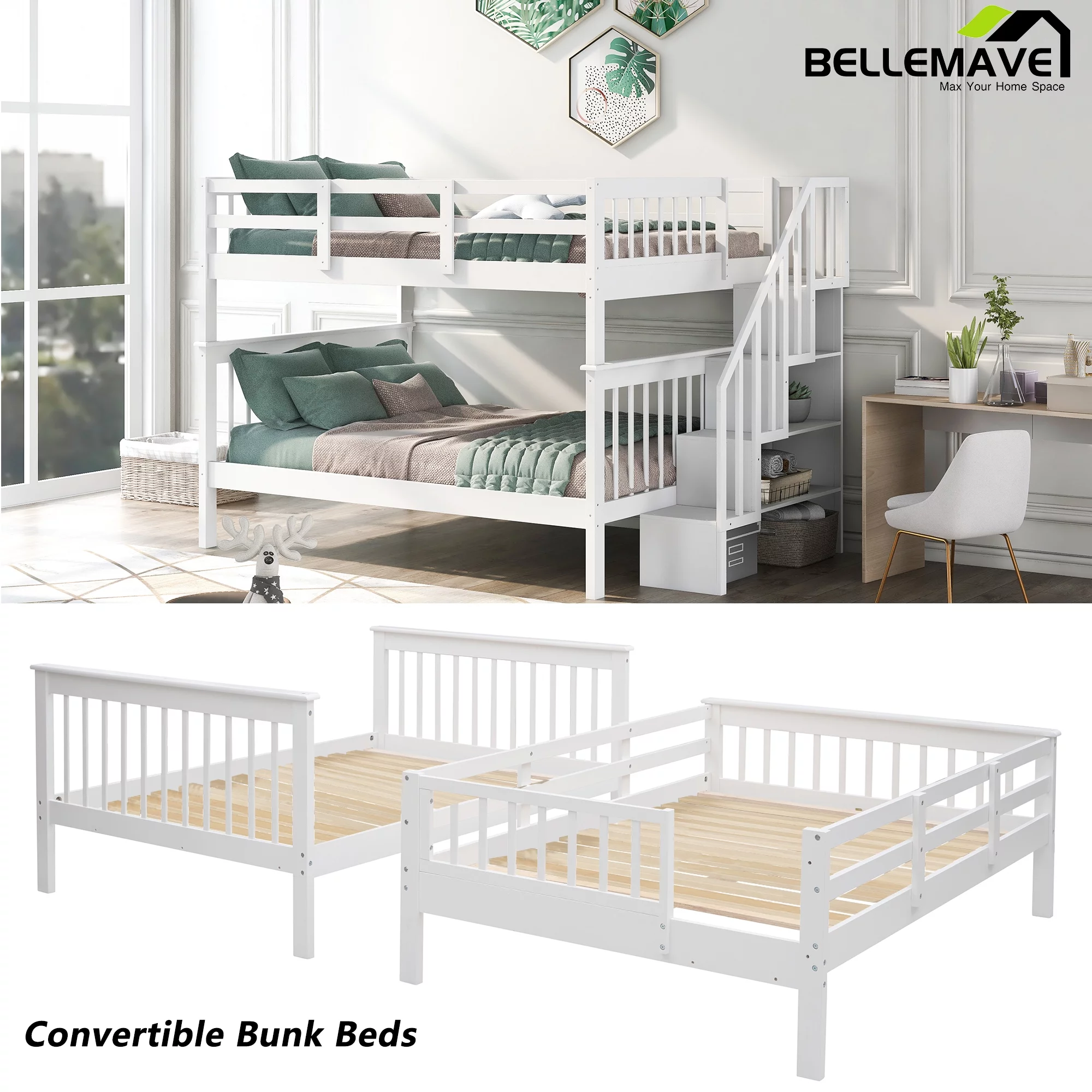 BELLEMAVE Full over Full Bunk Beds for Kids, Kids Bunk Beds with Storage Stairs and Full-Length Guardrail, Convertible Into 2 Bed