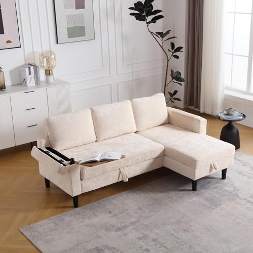 Sleeper Sectional Sofa with Storage Chaise, Side Table, L Shape Chenille Pull Out Sofa Bed, 3 Seater Convertible Couch for Living Room, Apartment