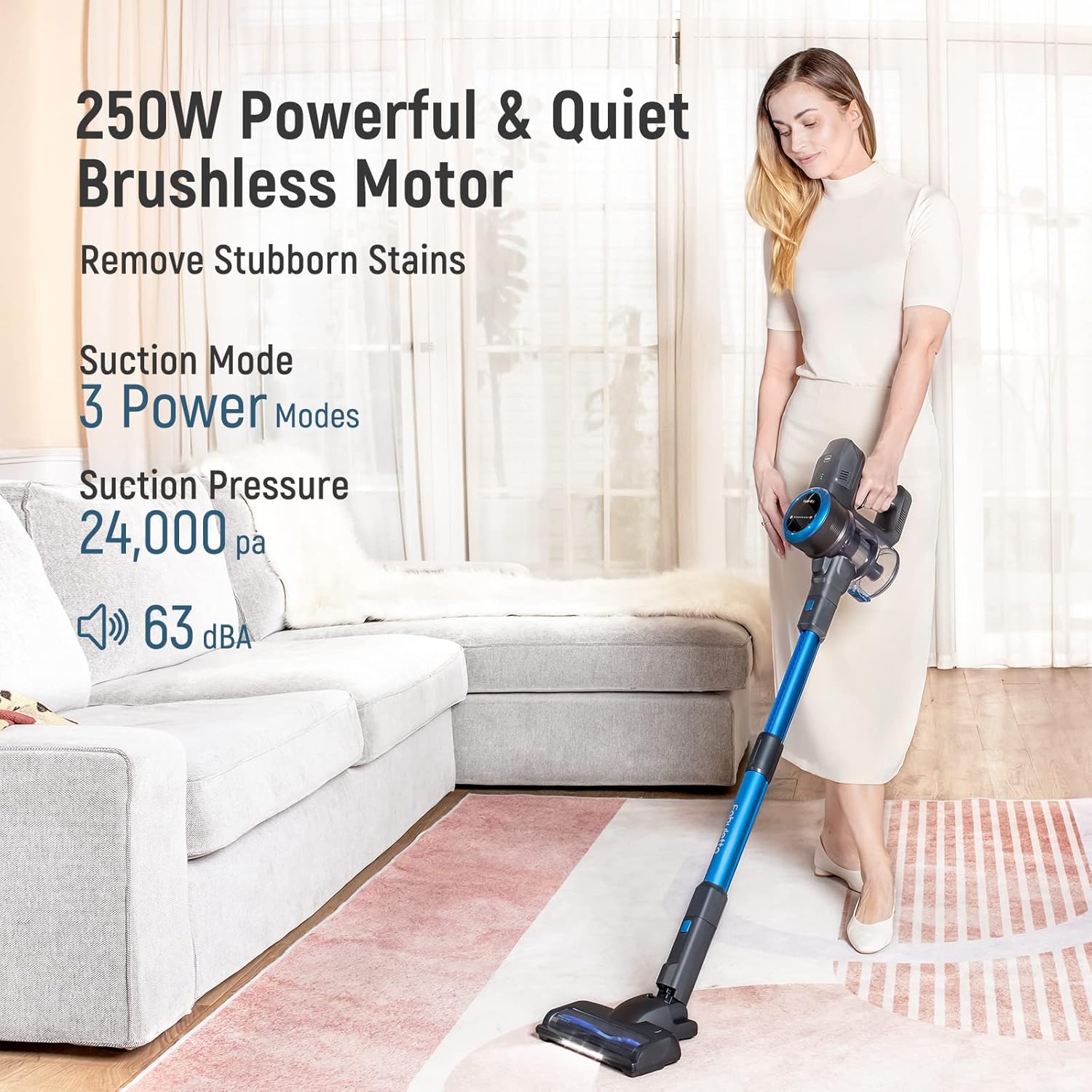 Fabuletta Cordless Stick Vacuum Cleaner, 24Kpa 250W Strong Suction, 6-in-1 Rechargeable Vacuum Cordless, 45 Min Max Runtime LED Display