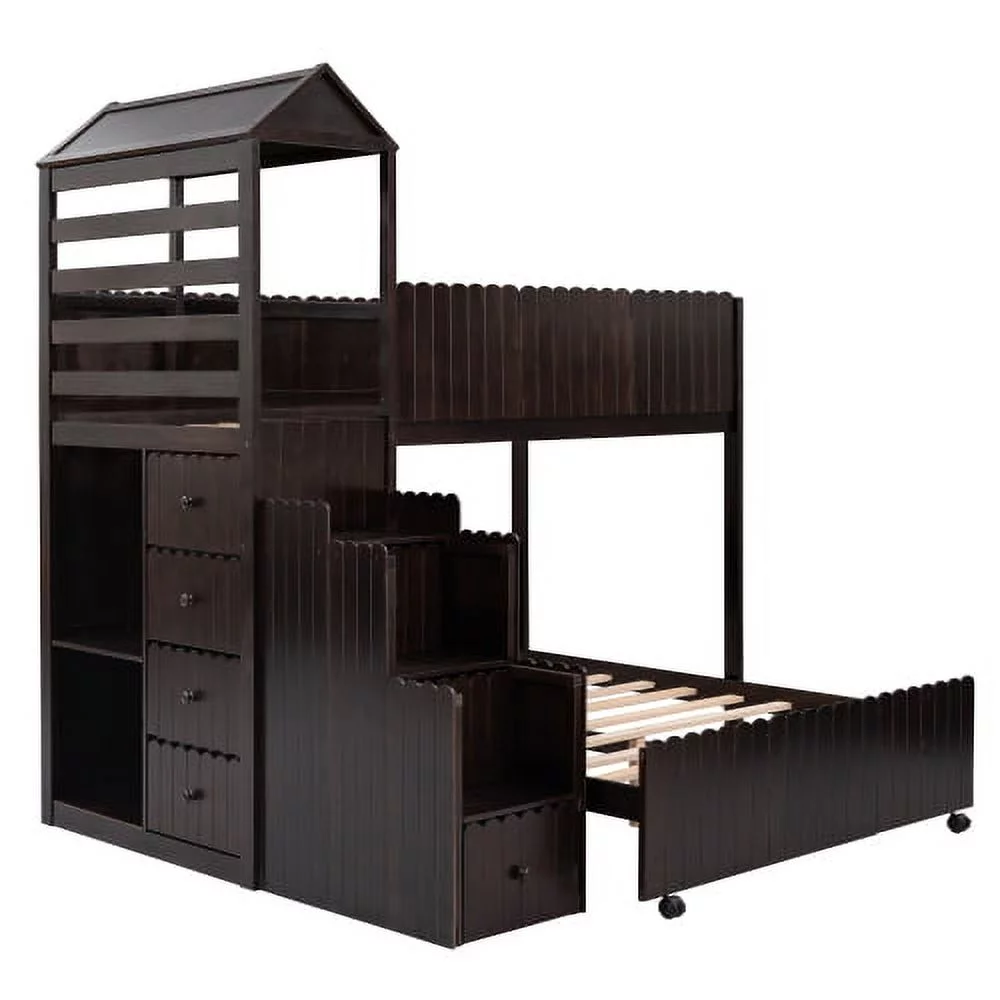 CHURANTY Wood Twin Over Full Loft Bed Stairway House Bed with Stairs and Drawers