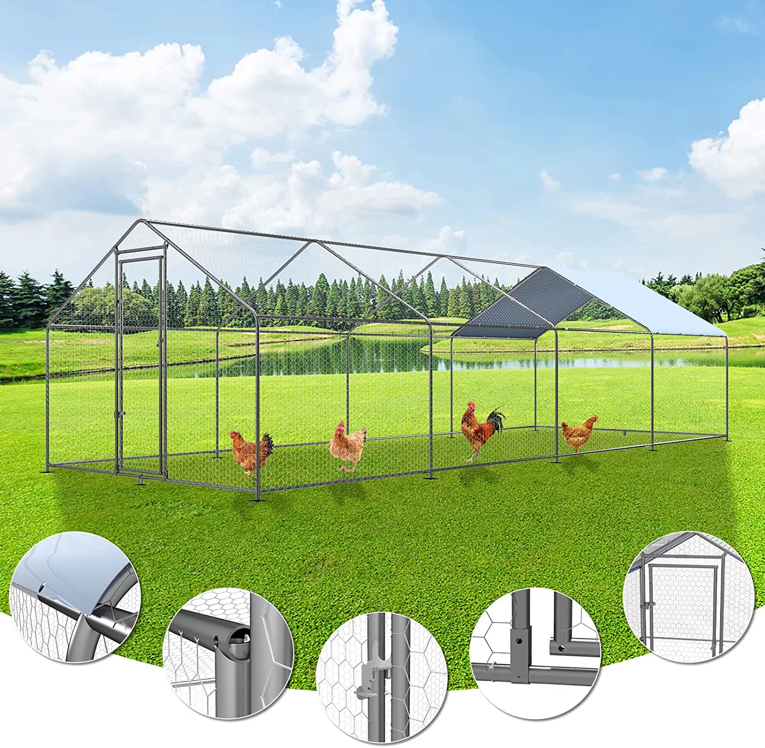 Petony Chicken Coop Outdoor Walk-in Poultry Cage Large Metal Pen Hen Run House Spire Shaped Cage with Waterproof Anti-Ultraviolet Cover