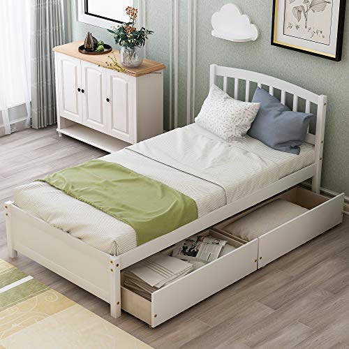 Twin Size Platform Bed with 2 Storage Drawers, Solid Wood Twin Bed Frame with Slat support and Headboard for Kids, Teen, Adults